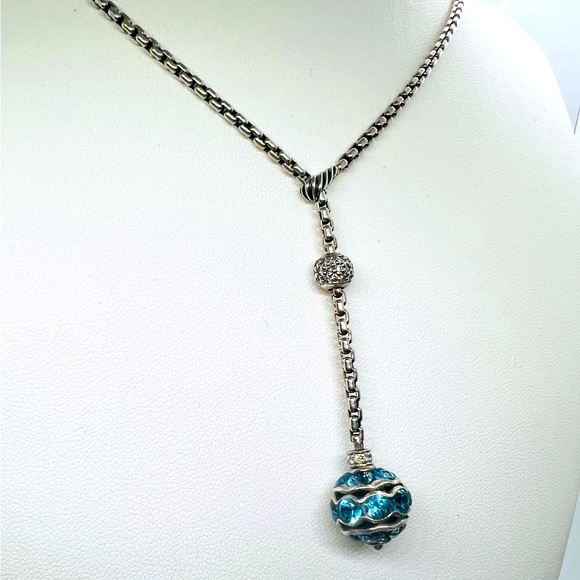 David Yurman Sterling Silver Diamond Blue Topaz Lariat Drop Necklace